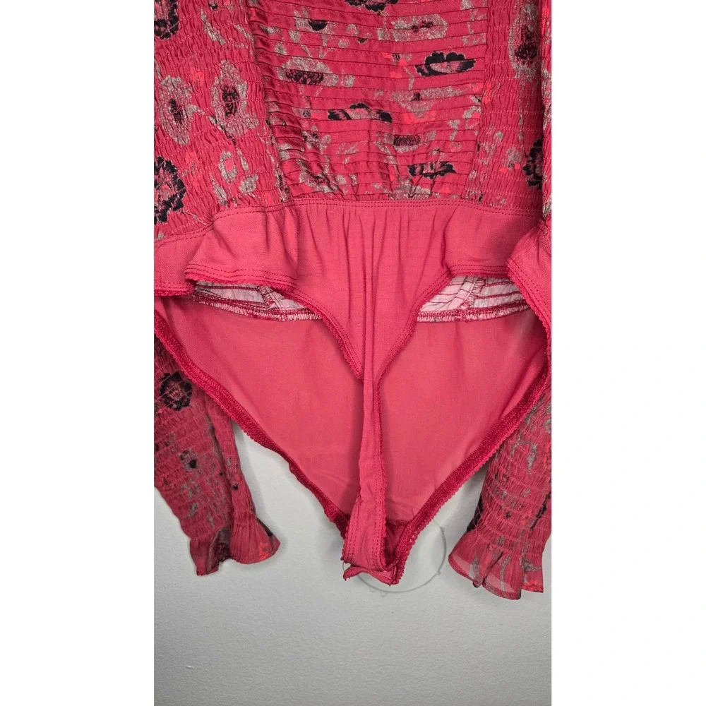 Free People Brunch Date Floral Long Sleeve Smocked Bodysuit Medium Boho